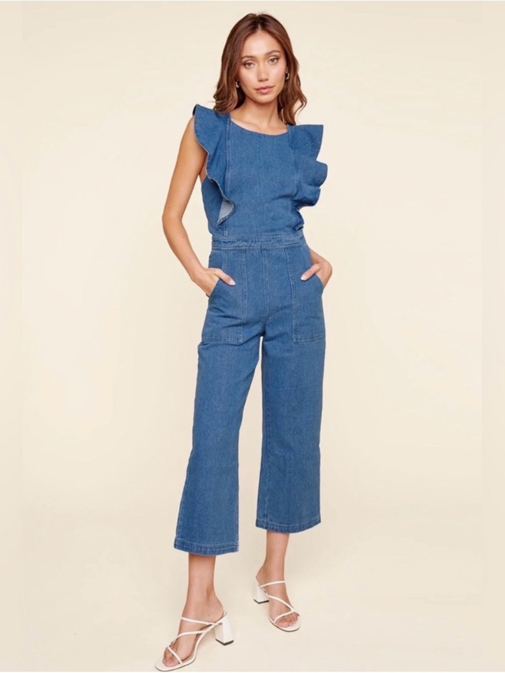 Sugarlips Denim Ruffle Shoulder Jumpsuit - Blue